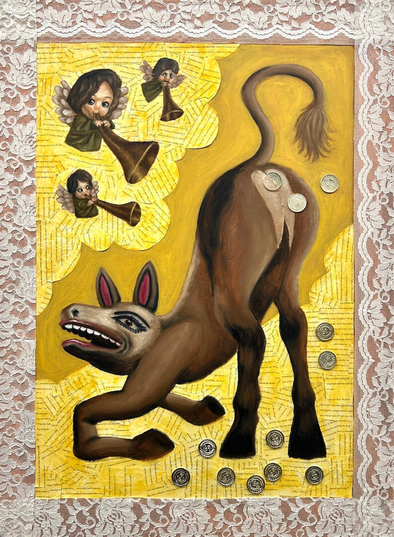 &quot;Bricklebrit&quot; oil and collage on canvas, 30&#39;&#39; x 40&#39;&#39;, 2024
