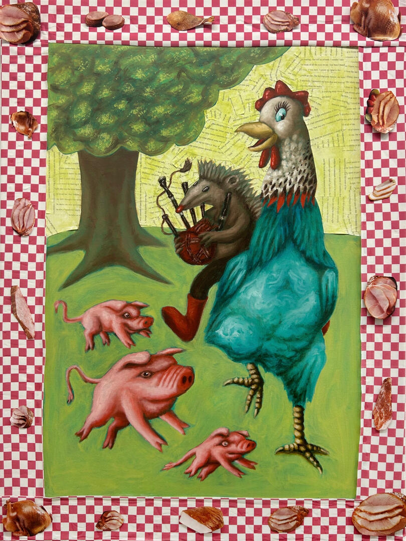 "Hans My Hedge Hog" oil and collage on canvas, 30'' x 40'', 2024