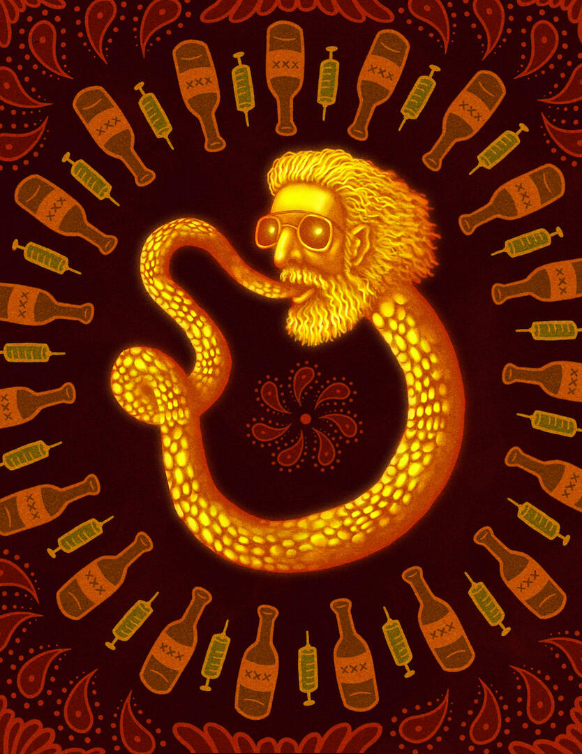 Editorial illustration for article on the life of Steve Weber of the Holy Modal Rounders