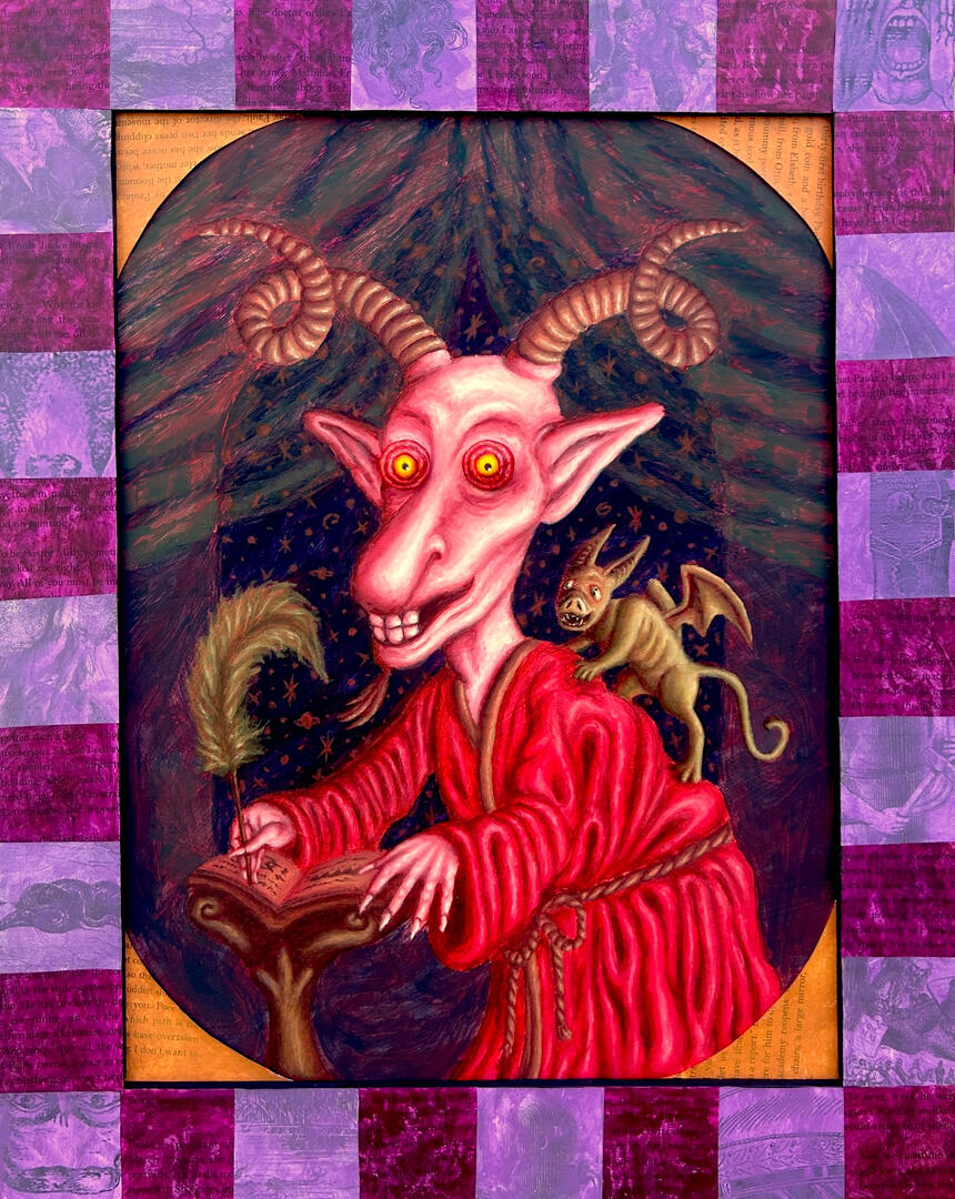 "Portrait of the Satanic Scribe" oil and collage on canvas, 16'' x 20'', 2026