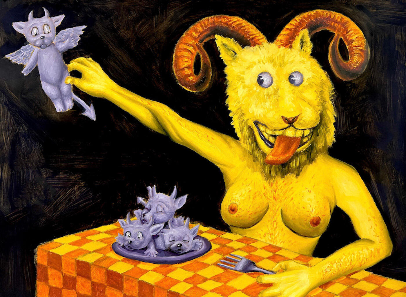 &quot;Must&#39;ve Been Some Messy Thing That I Was Eat&#39;n&quot; oil on Bristol board, 24&#39;&#39; x 19&#39;&#39;, 2023