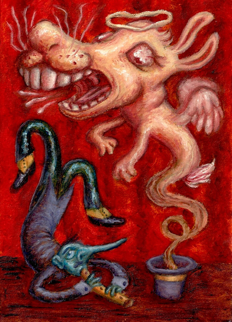 "Rabbit Charmer" oil on Rives BFK, 5'' x 7'', 2025