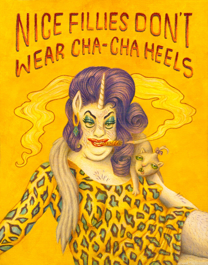 "Nice Fillies Don't Wear Cha-Cha Heels" colored pencil and acrylic on Rives BFK, 11'' x 14'', 2026