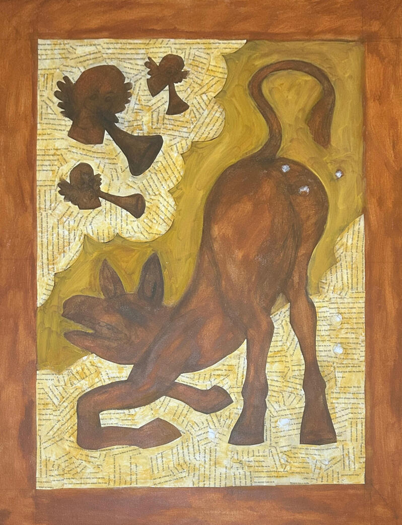 Oil on top of acrylic and collage